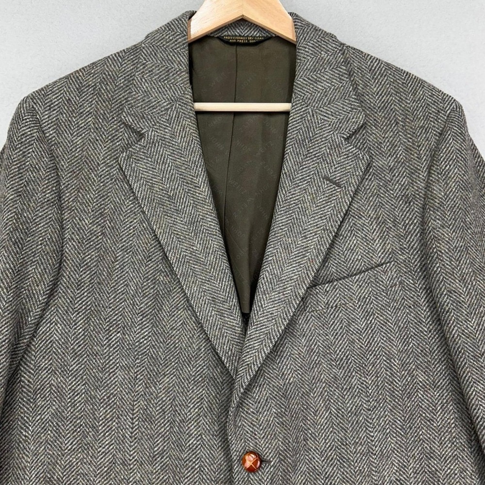 VTG John Weitz Blazer Jacket Mens 42 Grey‎ Wool Tweed Herringbone 2-Button Coat